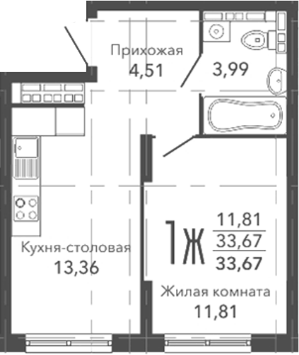 Планировка 1-к.кв, 33,67 м² в ЖК Шишкин. Жилая среда